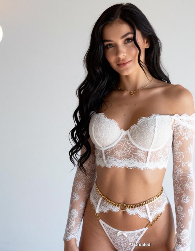 beautiful woman with long wavy black hair, wearing white sheer mesh off-shoul...